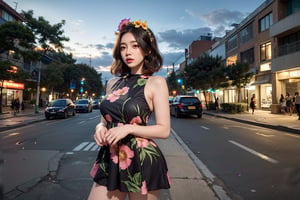 The image showcases a hyper-realistic digital art style, though the artist is unnamed. The composition centers the subject, a woman in a  random colors tropical fruit dress,wear a flower on head, random standing pose,The background is the  city,night
.  The overall mood is tranquil and alluring.,,modernvilla