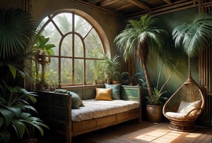 art by Mandy Disher, digital art 8k, Jean-Baptiste Monge style, art by cameron gray, 
 a beautiful cozy bedroom with an African bed with mosquito net, surrounded by pottet jungle plants and palm trees. A rattan chair stands next to it on the weathered parquet floor and a rattan lamp that provides soft light. The walls are decorated with African wooden masks. Lots of potted palms and jungle plants and hanging lianas. The open window reveals a green oasis with palm trees in a desert landscape., complex  background, complementary colors, insanelly detailled, volumetrics clouds, stardust, beautiful look, detailed hair, ultra focus,face ilumined,face detailed, 8k resolution, watercolor, razumov style. art by Razumov and Volegov, art by Carne Griffiths and Wadim Kashin rutkowski repin artstation hyperrealism painting concept art of detailed character design matte painting,4 k resolution blade runner, sharp focus, emitting diodes, smoke,artillery,sparks,racks,system unit,motherboard, by pascal blanche rutkowski repin artstation hyperrealism painting concept art of detailed character design matte painting, 4 k resolution , in the style of esao andrews,aesthetic portrait