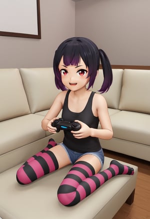 1girl, solo, mihamamiusanjiku, black hair, purple hair, multicolored hair, gradient hair, blunt bangs, twintails, red eyes,black tanktop, denim shorts, purple thighhighs, striped thighhighs, open mouth, smile, sitting, sofa, holding, gaming controller, indoors, living room