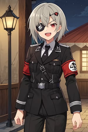 rating_safe, score_9, score_8_up, score_7_up, source_anime, 2d, anime_screencap ,1girl, solo, evilshirley, grey hair, short hair, red eyes, hair ornament, waffen-ss, ss insignia, uniform, military uniform, black uniform, black pants, armband, collared shirt, black necktie, skull emblem, standing, serious, indoors, cowboy shot, standing, outdoors, night, evil smile, teeth, open mouth, eye_patch, eyepatch, eye patch, laughing, open arms, contracted_pupils