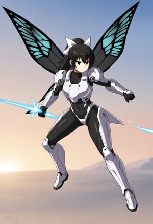 1girl, solo, tsubasadtkw, black hair, black eyes, ponytail, white bow, hair bow, black bodysuit, white armor, futuristic theme, butterfly wings, metal wing, fight stance, serious, mecha musume, outdoots, sky, flying