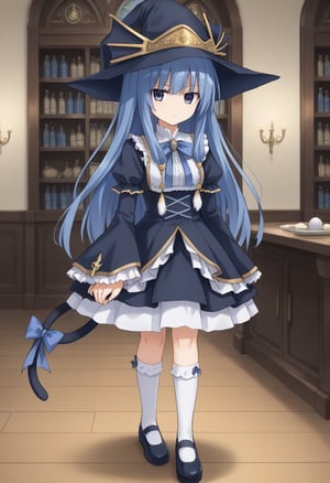 1girl, solo, arielerialritua, duel monster, blue hair, long hair, blue eyes, witch hat, pom pom \(clothes\), black dress, frills, blue bow, white socks, mary janes, cat tail, serious, indoors, fancy room, standing, looking at viewer