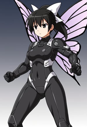 1girl, solo, tsubasadtkw, black hair, black eyes, ponytail, white bow, hair bow, bodysuit, armor, futuristic theme, butterfly wings, metal wing, fight stance, serious