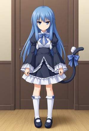 1girl, solo, arielerialritua, duel monster, blue hair, long hair, blue eyes, pom pom \(clothes\), black dress, frills, blue bow, white socks, mary janes, cat tail, serious, indoors, fancy room, standing, looking at viewer