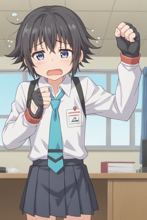 1girl, solo, annieatelier, short hair, black hair, blue eyes, fingerless gloves, gloves, necktie, pleated skirt, school uniform, skirt, long sleeves, shirt, white shirt, collared shirt, indoors, office, open mouth, wavy mouth, sad, sleepy, yawning, cowboy shot