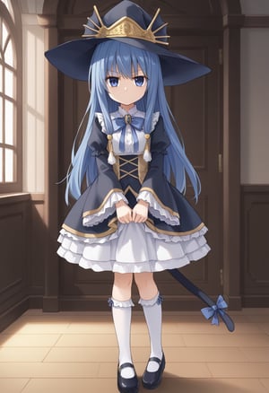 1girl, solo, arielerialritua, duel monster, blue hair, long hair, blue eyes, witch hat, pom pom \(clothes\), black dress, frills, blue bow, white socks, mary janes, cat tail, serious, indoors, fancy room, standing, looking at viewer