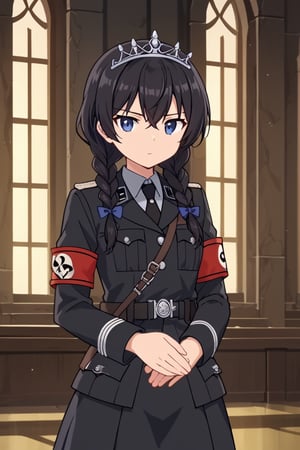 score_9, score_8_up, score_7_up, source_anime, 2d, anime_screencap ,1girl, solo, hkricca, black hair, twin braids, blue eyes, tiara, pendant, waffen-ss, ss insignia, uniform, military uniform, black uniform, armband, collared shirt, black necktie, skull emblem, standing, serious, indoors, cowboy shot, expressionless, indoors, standing, looking at viewer