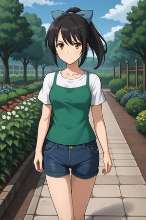 1girl, solo, toudouharukakisei, black hair, ponytail, brown eyes, hair bow, blue bow, layered shirt, denim shorts, outdoors, garden, serious, walking, cowboy shot, looking at viewer
