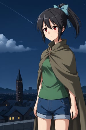 1girl, solo, mutatedharuka, toudouharukakisei, black hair, ponytail, red eyes, hair bow, blue bow, green shirt, cloak, mutated arms, monster girl, denim shorts,, outdoors, rooftop, cityscape, cloudy sky, night, standing, sad, cowboy shot