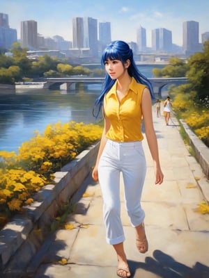 1girl, solo, reikimas, blue hair, low twintails, blunt bangs, brown eyes, yellow shirt, sleeveless, navel, white pants, outdoors, walking, city, river, path,  a masterpiece, stunning beauty, hyper-realistic oil painting, vibrant colors