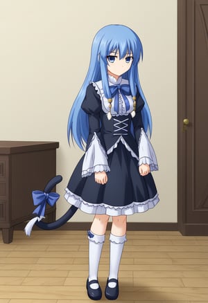 1girl, solo, arielerialritua, duel monster, blue hair, long hair, blue eyes, pom pom \(clothes\), black dress, frills, blue bow, white socks, mary janes, cat tail, serious, indoors, fancy room, standing, looking at viewer