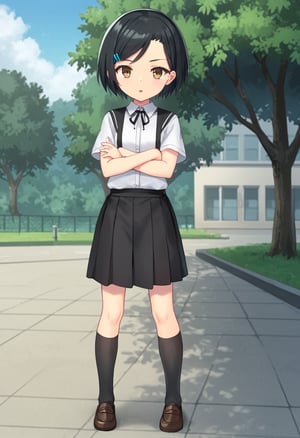 1girl, solo, yumesakiminakaren, black hair, short hair, hairclip, brown eyes, white shirt, short sleeves, black skirt, suspender skirt, kneehighs, loafers, standing, outdoors, campus, parted lips, full body, x arms, crossed arms, looking at viewer, facing the viewer