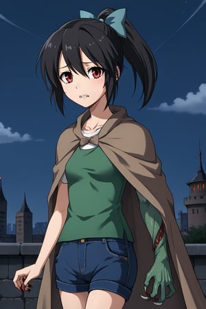 1girl, solo, mutatedharuka, toudouharukakisei, black hair, ponytail, red eyes, hair bow, blue bow, green shirt, brown cloak, mutated arms, green arms, sharp nails, monster girl, denim shorts,, outdoors, rooftop, cityscape, cloudy sky, night, standing, sad, teeth, grimace, cowboy shot, facing viewer, looking at viewer