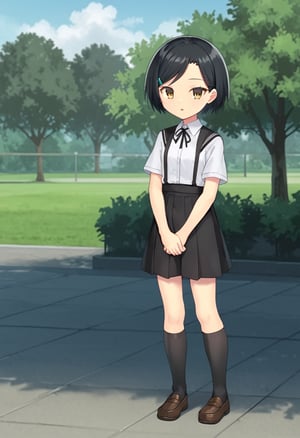 1girl, solo, yumesakiminakaren, black hair, short hair, hairclip, brown eyes, white shirt, short sleeves, black skirt, suspender skirt, kneehighs, loafers, standing, outdoors, campus, parted lips, full body, x arms, looking at viewer, facing the viewer