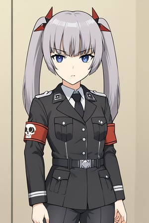 ,score_9, score_8_up, score_7_up, 1girl, solo, miamgb, grey hair, twintails, hair ornament, blue eyes, small breasts, waffen-ss, ss insignia, uniform, military uniform, black uniform, black pants, armband, collared shirt, black necktie, skull emblem, standing, serious, indoors, cowboy shot, looking at viewer, cowboy shot, parted lips,