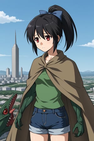 1girl, solo, mutatedharuka, toudouharukakisei, black hair, ponytail, red eyes, hair bow, blue bow, green shirt, cloak, mutated arms, monster girl, denim shorts,, outdoors, cityscape, standing, sad, cowboy shot