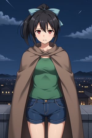 1girl, solo, mutatedharuka, toudouharukakisei, black hair, ponytail, red eyes, hair bow, blue bow, green shirt, brown cloak, mutated arms, monster girl, denim shorts,, outdoors, rooftop, cityscape, cloudy sky, night, standing, sad, teeth, grimace, cowboy shot, facing viewer, looking at viewer