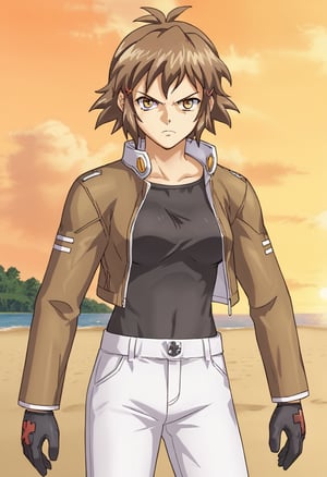 1girl, solo, thibikianotherif, brown hair, antenna hair, brown eyes, yellow eyes, short hair, hairclip, brown jacket, open clothes, black shirt, white pants, black gloves, standing, serious, angry, outdoors, beach, sunset