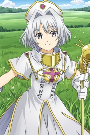 1girl, solo, rainaygo, duel monster, white hair, short hair, grey eyes, white headwear, white dress, short sleeves, white gloves, outdoors, meadow, cowboy shot, smile