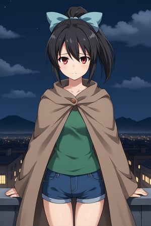 1girl, solo, mutatedharuka, toudouharukakisei, black hair, ponytail, red eyes, hair bow, blue bow, green shirt, brown cloak, mutated arms, monster girl, denim shorts,, outdoors, rooftop, cityscape, cloudy sky, night, standing, sad, cowboy shot, facing viewer, looking at viewer