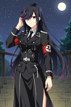 ,1girl, solo, tamakijuri, long hair, black hair, hair over one eye, purple eyes, waffen-ss, ss insignia, uniform, military uniform, black uniform, black skirt, long skirt, side slit, armband, collared shirt, black necktie, skull emblem, standing, outdoors, night, hand on hair, expressionless, cowboy shot