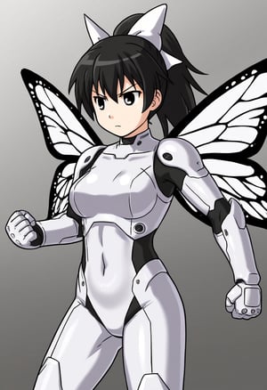 1girl, solo, tsubasadtkw, black hair, black eyes, ponytail, white bow, hair bow, bodysuit, armor, futuristic theme, butterfly wings, metal wing, fight stance, serious