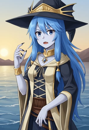 1girl, solo, arielerialritua, duel monster, blue hair, long hair, blue eyes, witch hat, scales, fish monster, open mouth, sharp teeth, shark nails, grey skin, serious, cowboy shot, outdoors, shore, rocks,