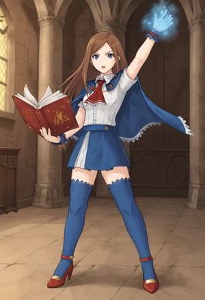 1girl, solo, charlotteaulinpor, brown hair, long hair, blue eyes, white shirt, short sleeves, red ascot, blue cape, capelet, wrist cuffs, blue skirt, blue thighhighs, red heels, holding, book, open book, one arm up, indoors, castle, full body, serious, open mouth, magic, spell