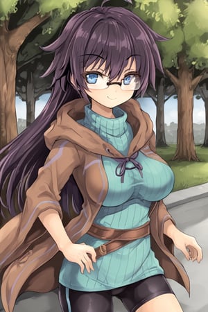 1girl, solo, dtharuna, black hair, purple hair, (long hair, ahoge:1.2), blue eyes, eyewear, glasses, ribbed sweater, turtleneck, green sweater, brown robe, hooded robe, bike shorts, belt, outdoors, park, smug, smile, standing, cowboy shot