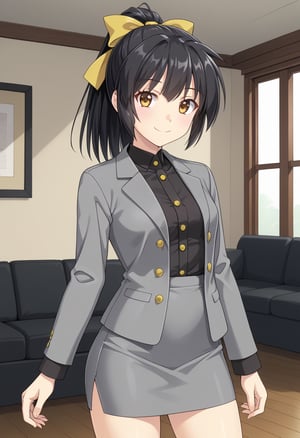 1girl, solo, koyoriamamiya, black hair, ponytail, yellow bow, hair bow, yellow eyes, brown eyes, black shirt, buttons, grey skirt, pencil skirt, grey jacket, indoors, living room, standing, cowboy shot, smile