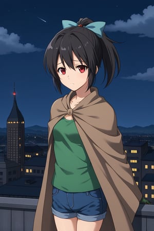 1girl, solo, mutatedharuka, toudouharukakisei, black hair, ponytail, red eyes, hair bow, blue bow, green shirt, brown cloak, mutated arms, monster girl, denim shorts,, outdoors, rooftop, cityscape, cloudy sky, night, standing, sad, cowboy shot, facing viewer, looking at viewer