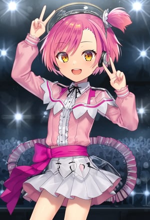 1girl, solo, yumesakiminakaren, pink hair, short hair, one side up, yellow eyes, orange eyes, headgear, headphones, pink shirt, long sleeves, white skirt, frills, idol outfit, dancing, on stage, audience, smile, teeth, peace, v