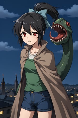 1girl, solo, mutatedharuka, toudouharukakisei, black hair, ponytail, red eyes, hair bow, blue bow, green shirt, brown cloak, mutated arms, green arms, sharp nails, monster girl, denim shorts,, outdoors, rooftop, cityscape, cloudy sky, night, standing, sad, teeth, grimace, cowboy shot, facing viewer, looking at viewer