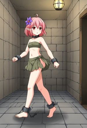 1girl, solo, sgena, pink hair, short hair, ahoge, red eyes, hair flower, collar, shackles, pointy ears, bandeau, skirt, standing, indoors, underground, dungeon, corridor, serious, parted lips, running, full body