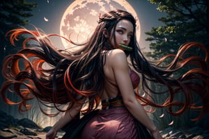 In a serene night landscape bathed in soft, radiant light, Nezuko Kamado's striking features dominate the frame. Her piercing pink eyes shine like beacons as she gazes directly at the viewer, her very long, fiery-red locks cascading down her back like a waterfall of flames. The multicolored and black strands flowing from her crown add depth to this stunning visage, subtly highlighted by the gentle glow of the full moon and sakura petals scattered across the darkened landscape. A sturdy bamboo gag binds her mouth, adding an air of mystique to her otherwise flawless expression., gagged, red hair, black hair, multicolored hair, very long hair,nezuko