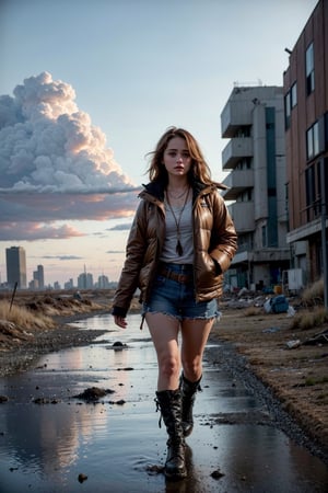 "Imagine Ella Purnell as Lucy Maclean in a post-apocalyptic world. Her attire is torn and tattered, showcasing the hardships of survival in a hostile environment. Her hair is disheveled, reflecting the constant struggle to endure in this new world. The image, created with the utmost realism and quality, captures Lucy in a moment of determination and bravery as she confronts the challenges left behind by the apocalypse. The backdrop depicts a ravaged landscape, with ruins and debris that enhance the desolate and chaotic atmosphere of this post-apocalyptic world."