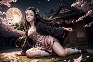 ((Photorealistic full body image of beautiful Nezuko Kamado, 1girl, perfect face, perfect detailed lips, little smile, perfect details, detailed eyes, dynamic poses:1.5)), best quality, 16k, masterpiece, HDR.

((Night forest with sakura petals illuminated by the moon:1.4))., very long hair, ribbon,pink ribbon, pink kimono,pink eyes, multicolored hair,japanese clothes, hair ribbon,forehead, black hair,nezuko