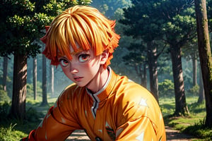 full body dynamic combat pose, (natural skin texture, hyperrealism:1.25), (skinny:1.25),portrait of Zenitsu, 1boy , looking at viewer, serius face, empty look, dinamic pose, dinamic hair, orange hair-streaks, short hair, very low angle, looking at camera, pale skin, staring, upper_body, heavy mist on the forest background, perfecteyes, flaming eye, yellow clothes, ,bangs, agatsuma_zenitsu