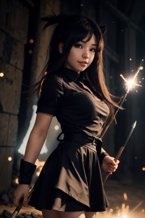 (Masterpiece,Best Quality), A realistic anime girl in a maid dress with coal-colored hair, striking a battle pose with a spear, inviting viewers to look closely at the high-resolution illustration, Fantasy, magical vibes, sci-fi mood, sparks, DoF, bokeh, sharp focus