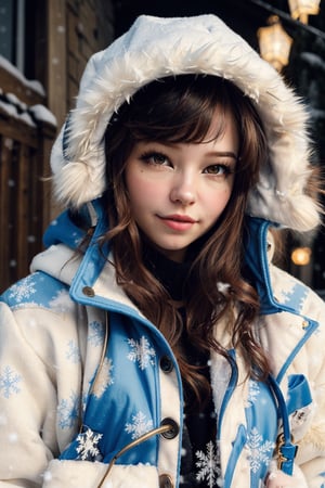 moments stretch and twist, turning a hurried walk into an eternity of swirling flakes. (masterpiece, detailed artwork), Snowflakes,1girl, golden eyes, sleepy, blush, (detailed lips), (cute winter coat, knitted winter coat), layla, twin drills, drill locks, blue hair, jewelry, sleepy eyes, Snow, snowflakes,masterpiece