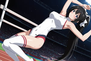( High  jump , fosbury flop : 1.4)    ,  horizontal bar   ,  (  embarrassed , sweating ) , side view ,   in track and field stadium  , ( masterpiece , ultra Detailed  , ultra Detailed  Clothes  ) , 
shinonono houki, purple eyes, black hair, split ponytail, high ponytail, white hair ribbon, long hair, 
white leotard, pilot suit, white thighhighs, turtleneck, halterneck, impossible leotard, impossible clothes