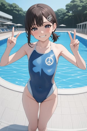 very  young girl ,  swimsuit , on the poolside , public pool , on public , 
( masterpiece , ultra Detailed    ,  ANIME style ) , smile, double peace sign , 
higashiyama kobeni , 
