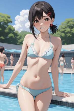 very  young girl , bikini  , on the poolside , public pool , on public , 
( masterpiece , ultra Detailed    ,  ANIME style ) , frolicked , in high spirits ,  cheerful , 
higashiyama kobeni , brown eyes ,( black hair)  ,  red hair clip , 