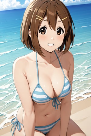 Bikini , on the beach , in resort ,  smile  ,     , ( masterpiece , ultra Detailed     ) , 
hirasawa yui  ,  short hair , brown hair , 