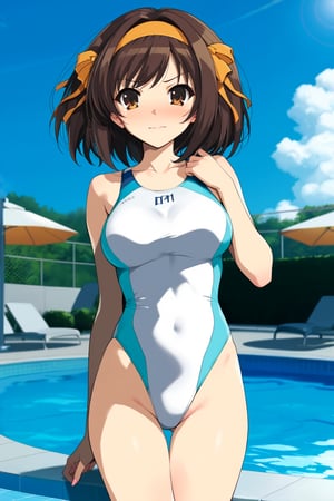 (high-neck competition swimsuit)  ,  on poolside , in resort   , beautiful scenery , 
( embarrassed , shy )   , pastel color , 
BREAK , 
score_9, score_8_up, score_7_up, score_6, score_5, score_4, ( masterpiece , ultra Detailed   , ultra Detailed groin , ) ,
suzumiya_haruhi , brown hair , 