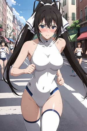 (marathon,  running : 1.3)  ,  ,  (  embarrassed , sweating ) , on the street , ( masterpiece , ultra Detailed  , ultra Detailed  Clothes  ) , 
shinonono houki, purple eyes, black hair, split ponytail, high ponytail, white hair ribbon, long hair, 
white leotard, pilot suit, white thighhighs, turtleneck, halterneck, impossible leotard, impossible clothes