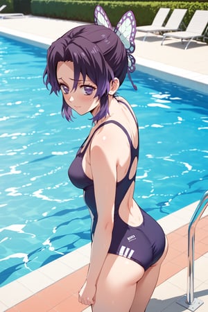 SWIMMING , swimsuit ,  in public SWIMMING pool ,  ( embarrassed , shy   ) ,  in public , 
BREAK , 
score_9, score_8_up, score_7_up, score_6, score_5, score_4, ( masterpiece , ultra Detailed  ) , 
shinobu , Black and purple hair , 