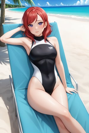 ( high-neck competition swimsuit )  ,  lying on reclining chair , posing  , (  embarrassed ,shy ) , se is the subject of photo , filming ,   ( masterpiece , ultra Detailed     ) , 
maki ,red hair, medium hair, medium breast, purple eyes, twirling hair , on the beach , in resort , 
