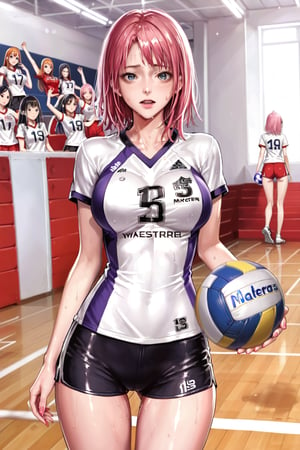 Sakura Haruno , ( receiving a ball  : 1.3 ) , volleyball,  volleyball uniform , looking at  ball ,   hard practice ,   (  sweating  ,    , exhausted,  ( wheezing )      ) , in a court , national team , in international tournament   , in stadium ,  
 pink hair , 
BREAK , 
score_9, score_8_up, score_7_up, score_6, score_5, score_4, ( masterpiece , ultra Detailed  ) , 
  milkychu-style , 
