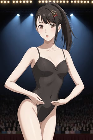 ballet , ballerina , leotard ,  ( on the stage  ) , national theatre ,  audience
 , 
 ( masterpiece , ultra Detailed    )    , 
iwatoxl , iwato suzume , eyelashes, brown eyes, black hair, long hair, ponytail, bangs, hairclip  , lips , jewelry,  